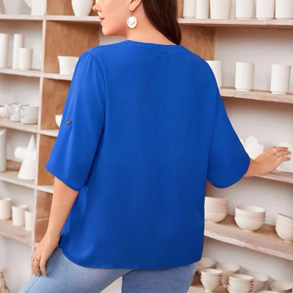 Roll tab mid length sleeves button up v neck boho blouse baby blue - Picture 11 of 14
